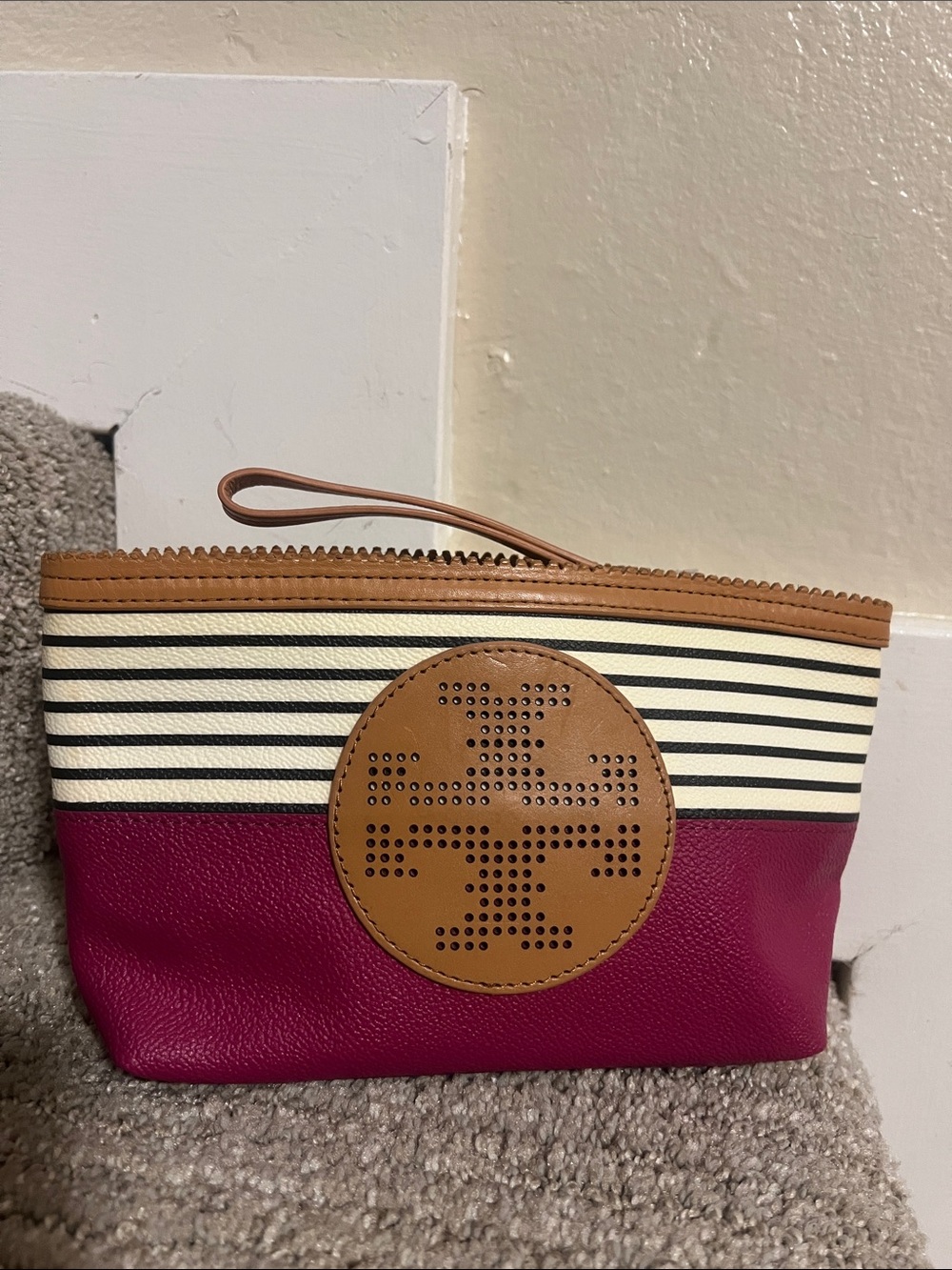 Striped Magenta Wristlet Pouch with Tan Accent